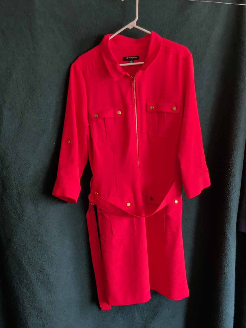Sharagano Bright Red Long Sleeve Zip-Front Belted Dress